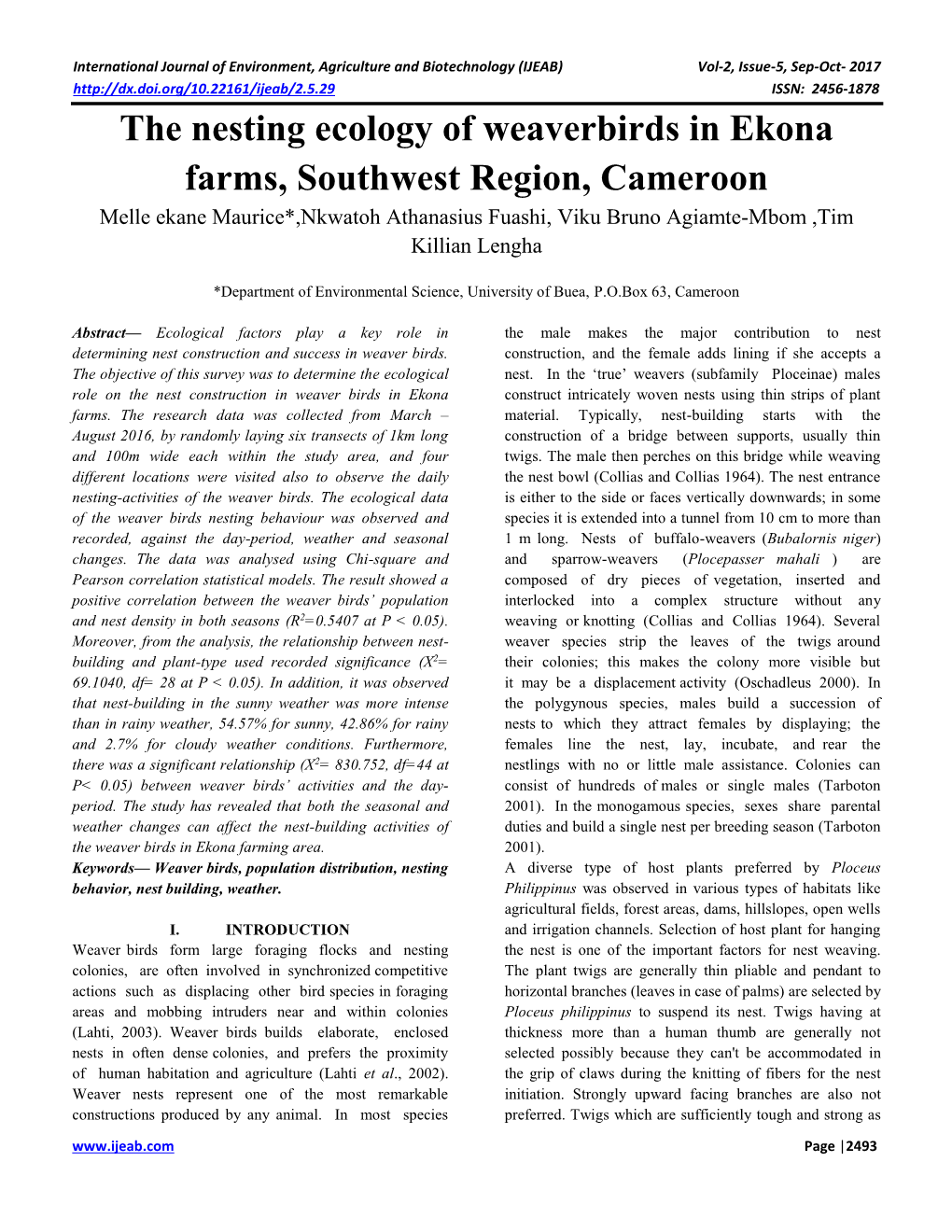 The Nesting Ecology of Weaverbirds in Ekona Farms, Southwest Region, Cameroon