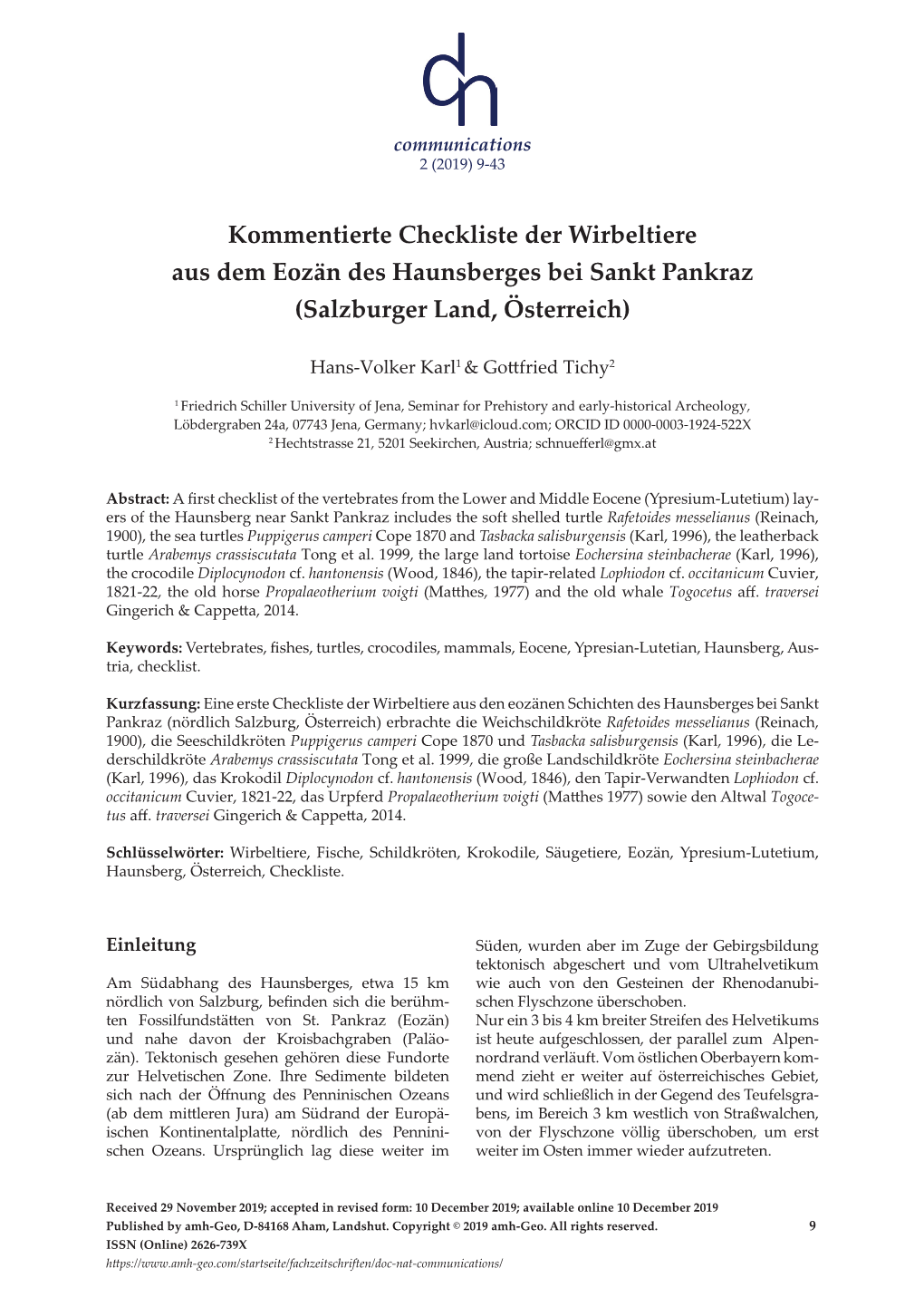 Kommentierte Checkliste Der Wirbeltiere Aus Dem Eozän Des Haunsberges Bei Sankt Pankraz (Salzburger Land, Österreich)