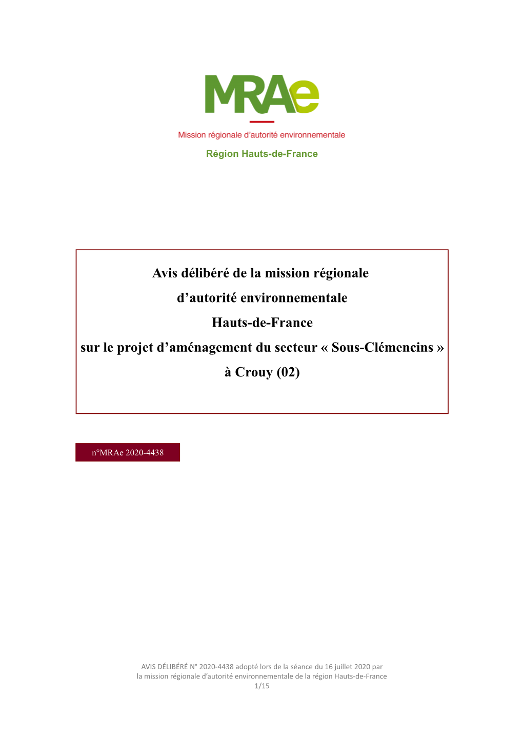 Avis Délibéré De La Mission Régionale D'autorité Environnementale Hauts-De-France Sur Le Projet D'aménagement Du Secte