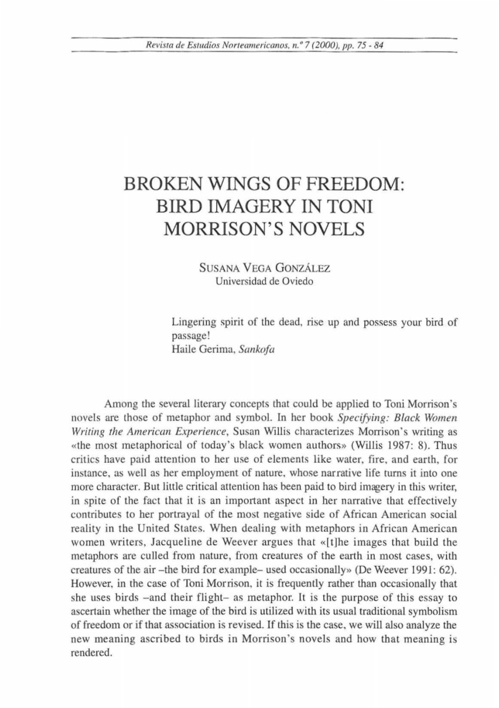 Bird Imagery in Toni Morrison' S Novels