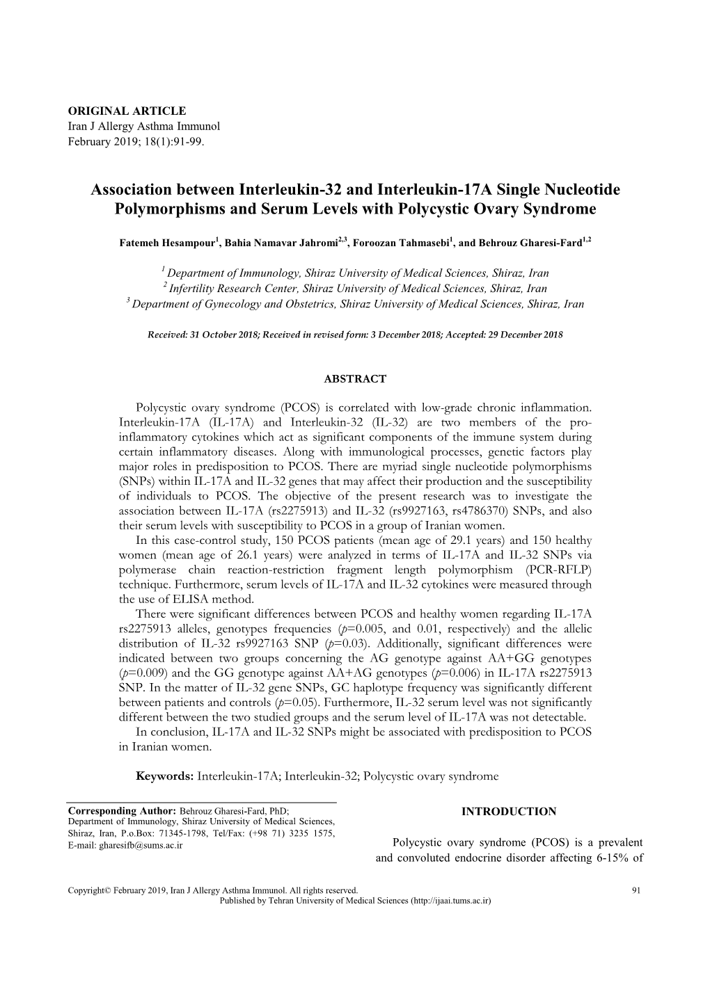 Association Between Interleukin-32 and Interleukin-17A Single Nucleotide Polymorphisms and Serum Levels with Polycystic Ovary Syndrome