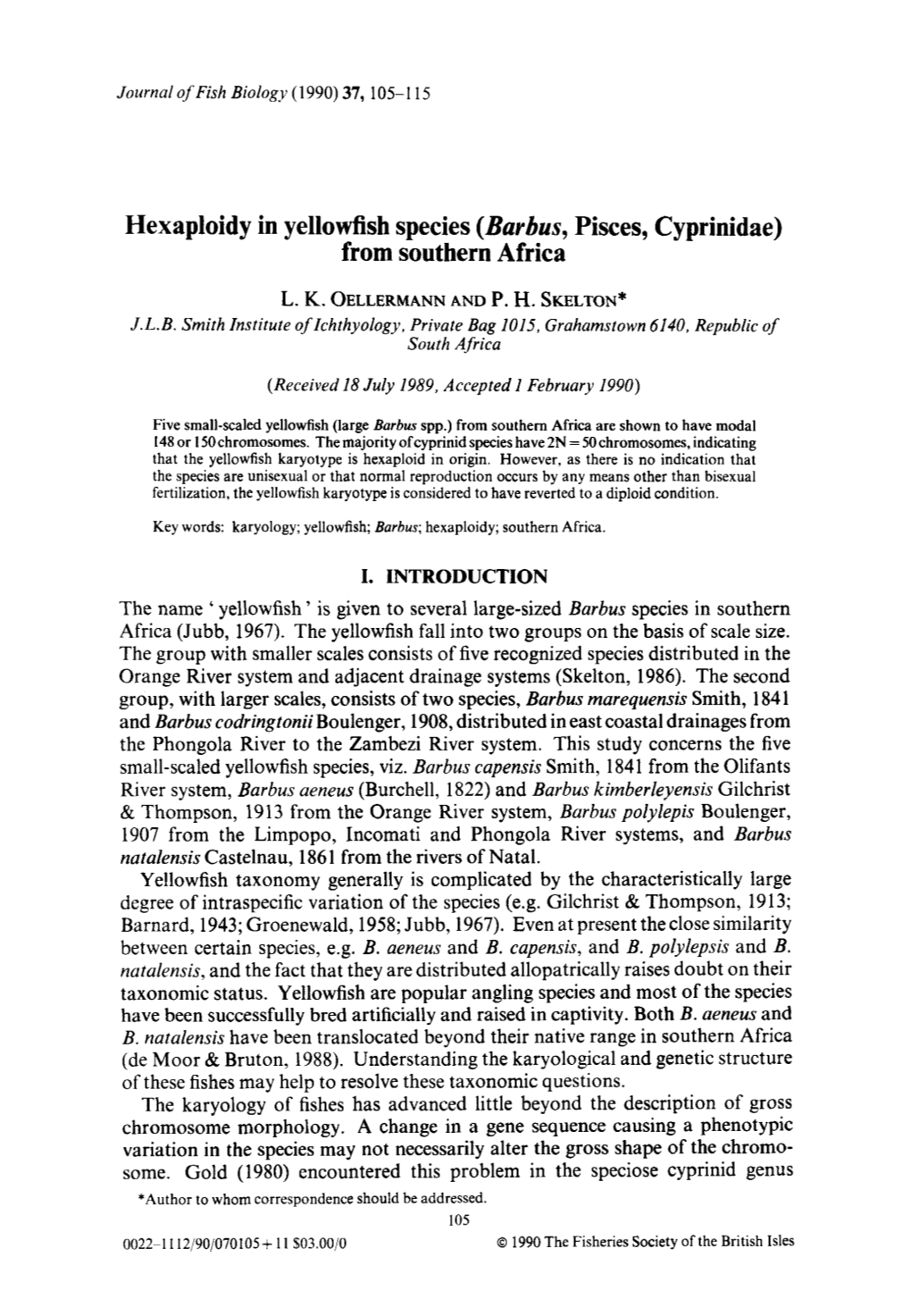 Hexaploidy in Yellowfish Species (Barbus, Pisces, Cyprinidae) from Southern Africa