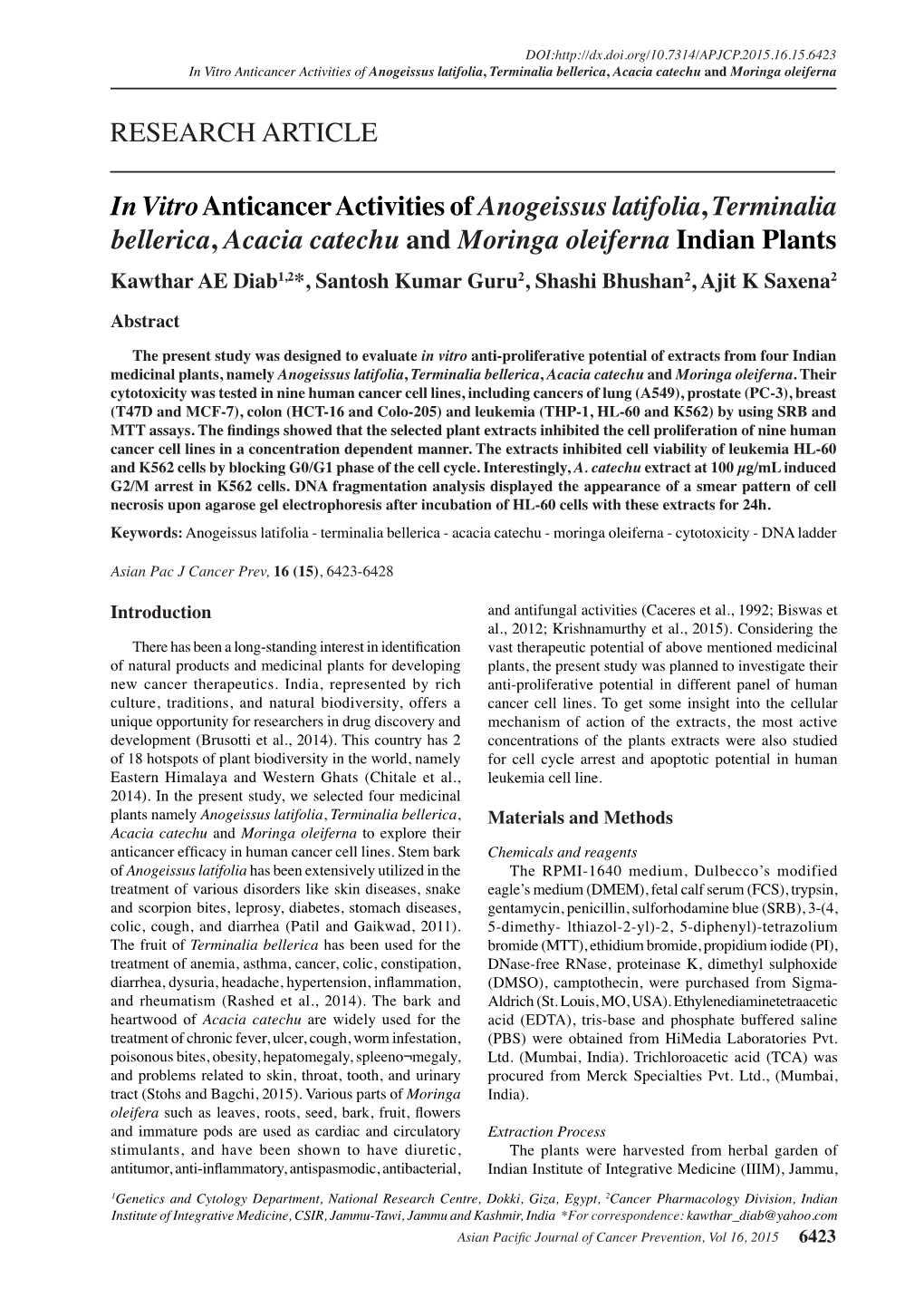 In Vitroanticancer Activities of Anogeissus Latifolia, Terminalia