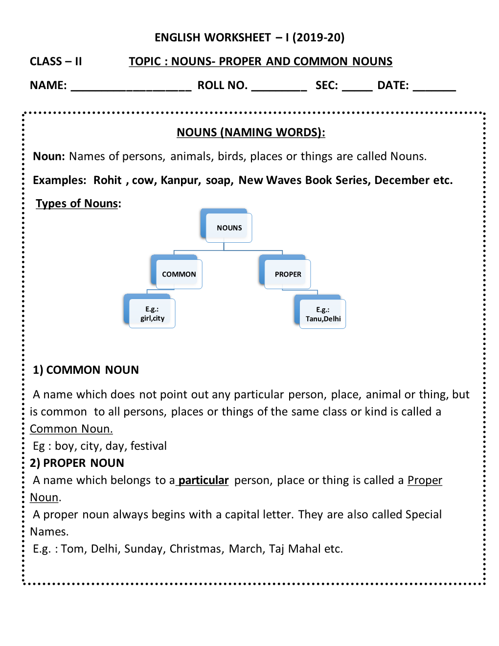 Nouns- Proper and Common Nouns Name: ______Roll No