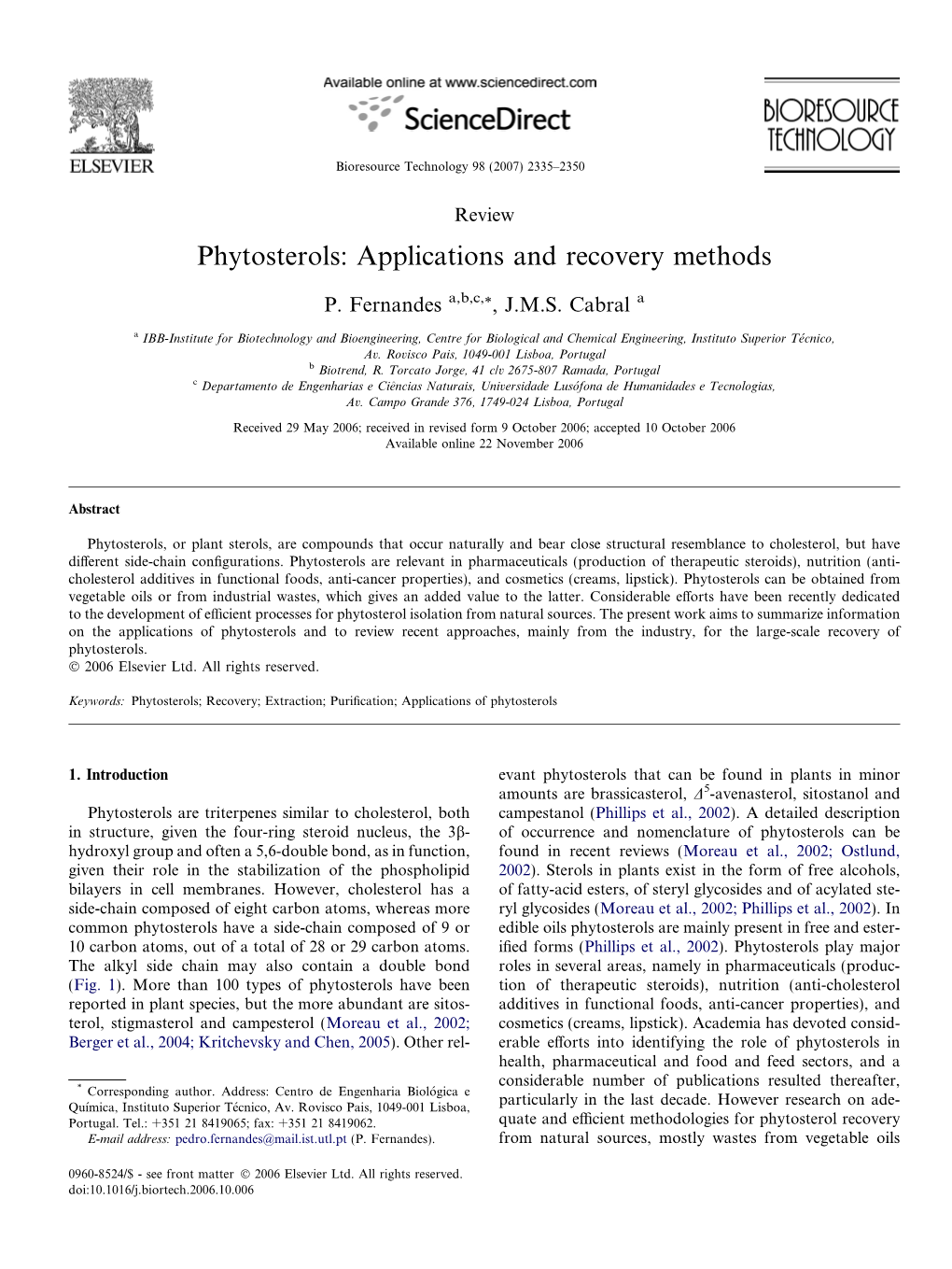 Phytosterols: Applications and Recovery Methods