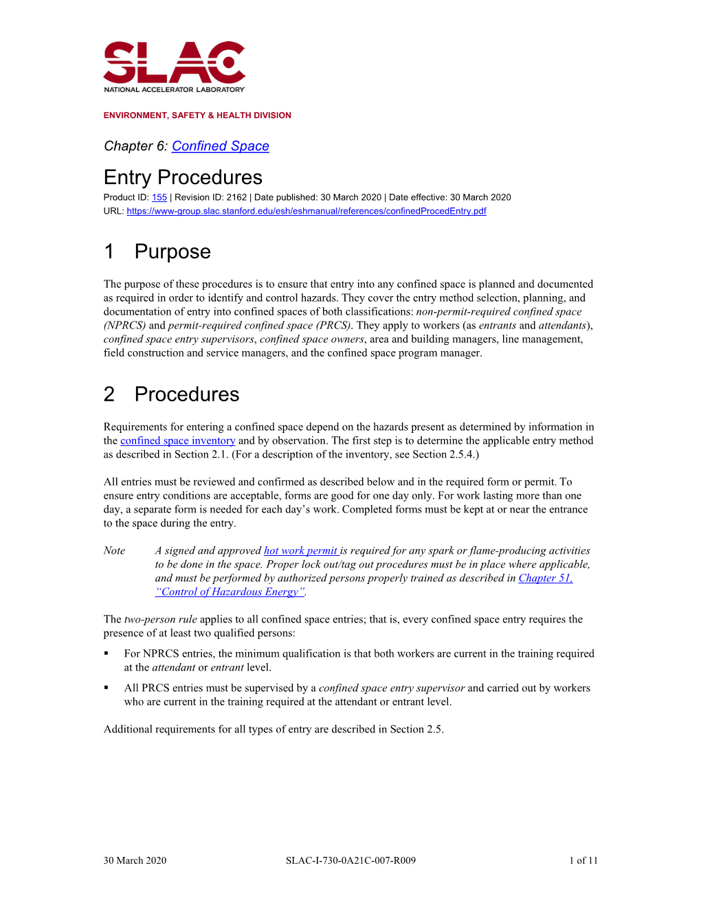 Confined Space: Entry Procedures