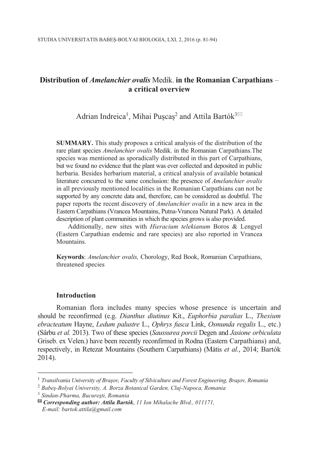 Distribution of Amelanchier Ovalis Medik. in the Romanian Carpathians – a Critical Overview