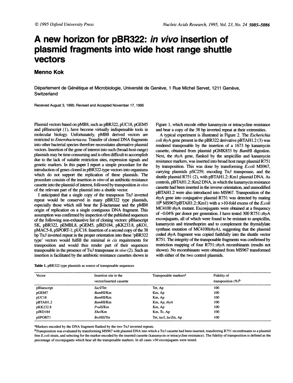 A New Horizon for Pbr322: in Vivo Insertion of Plasmid Fragments Into Wide Host Range Shuttle Vectors Menno Kok