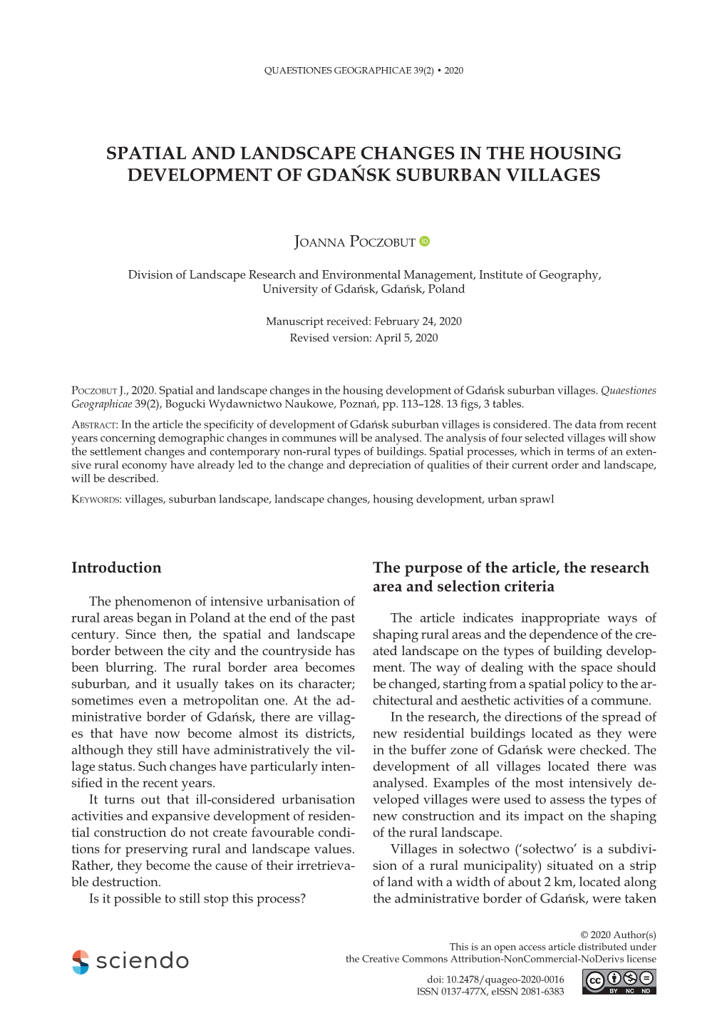 Spatial and Landscape Changes in the Housing Development of Gdańsk Suburban Villages