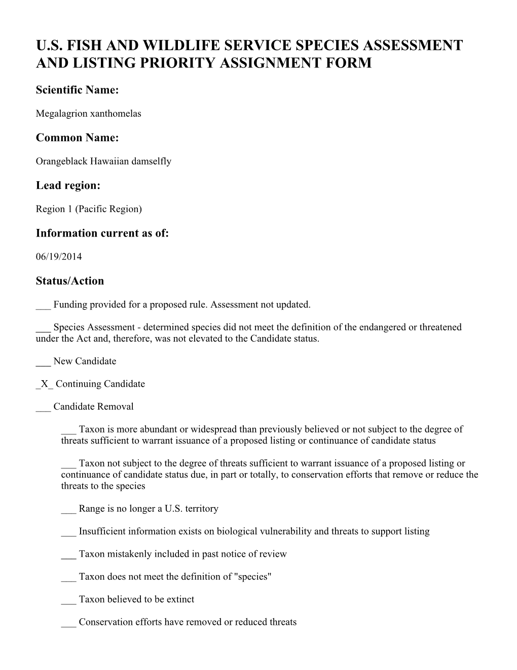 U.S. Fish and Wildlife Service Species Assessment and Listing Priority Assignment Form