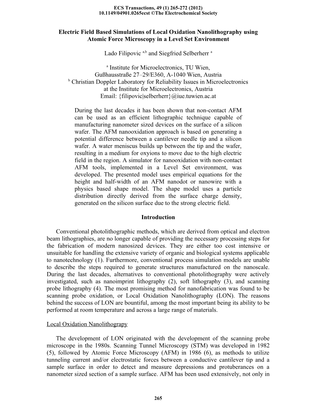 Electric Field Based Simulations of Local Oxidation Nanolithography Using Atomic Force Microscopy in a Level Set Environment