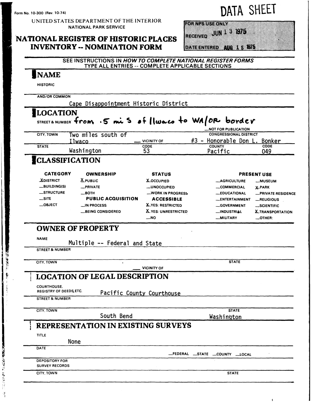 Data Sheet United States Department of the Interior National Park Service National Register of Historic Places Inventory -- Nomination Form