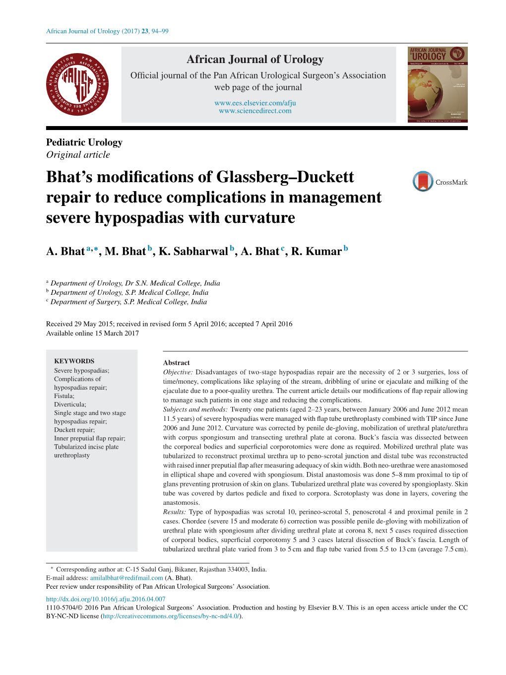 Bhat's Modifications of Glassberg–Duckett Repair to Reduce Complications in Management Severe Hypospadias with Curvature