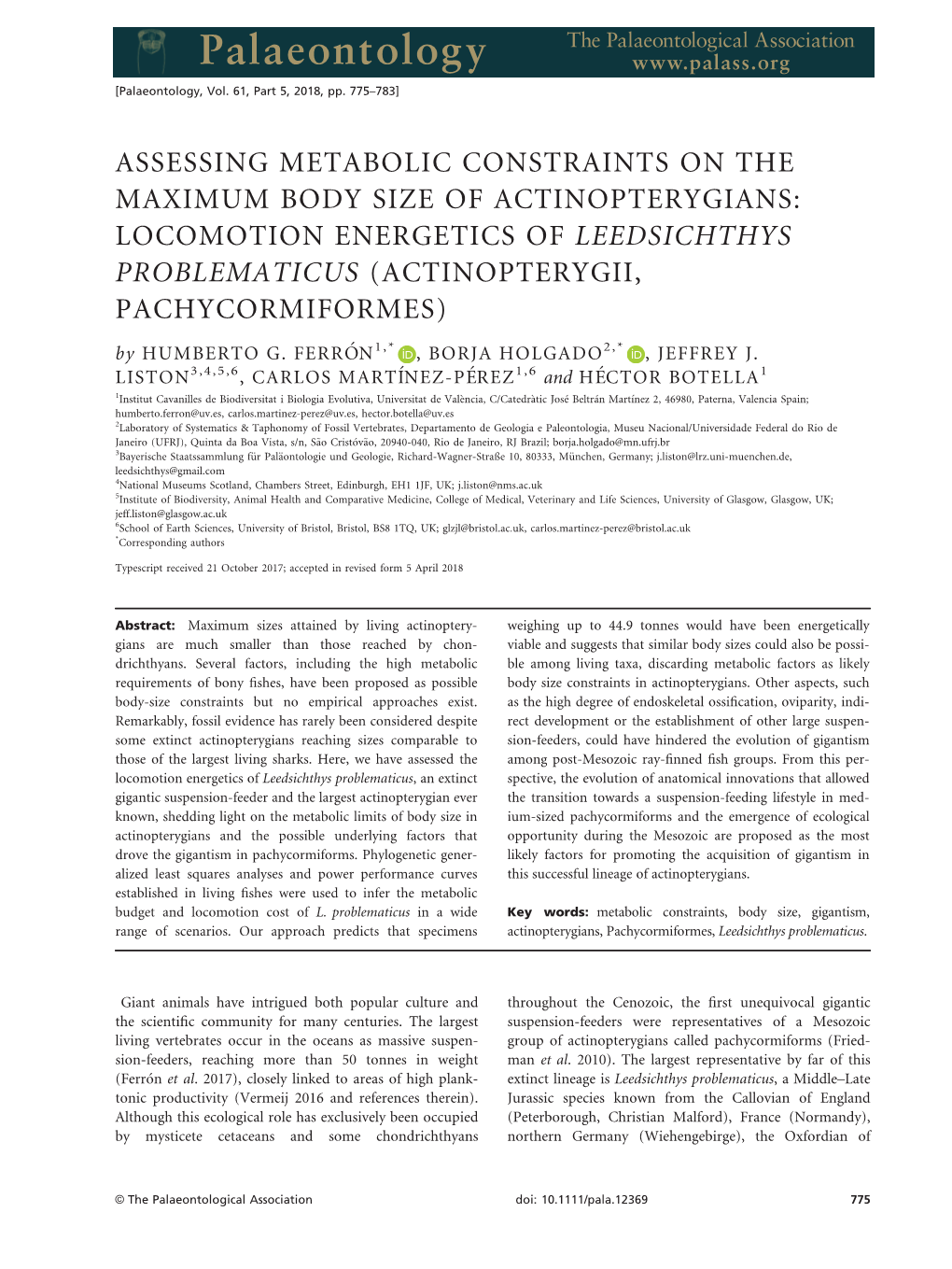 LOCOMOTION ENERGETICS of LEEDSICHTHYS PROBLEMATICUS (ACTINOPTERYGII, PACHYCORMIFORMES) by HUMBERTO G