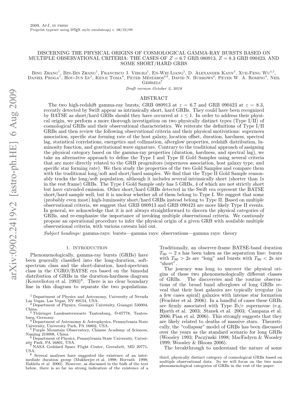 Arxiv:0902.2419V2 [Astro-Ph.HE] 6 Aug 2009 Ls Ntecr/AS R Ae Ntebimodal Diagram 1993) the Duration-Hardness Al