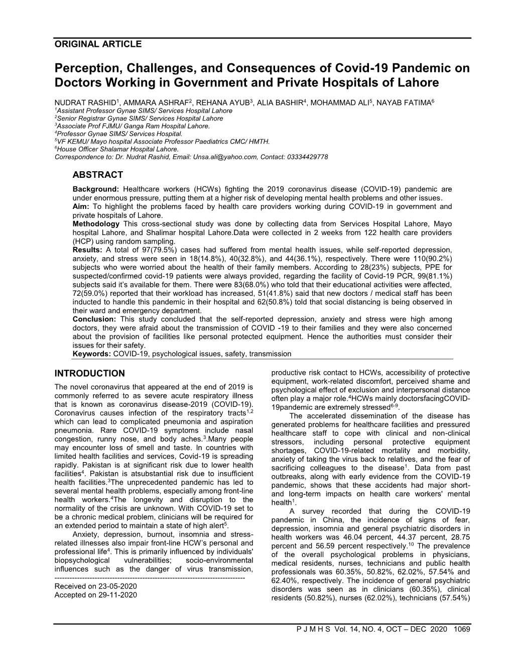 Perception, Challenges, and Consequences of Covid-19 Pandemic on Doctors Working in Government and Private Hospitals of Lahore