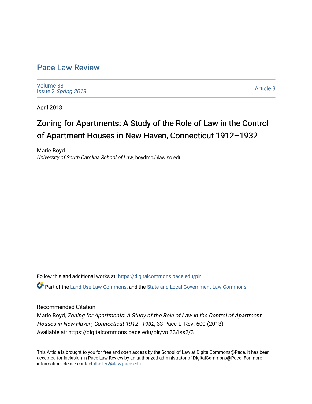 Zoning for Apartments: a Study of the Role of Law in the Control of Apartment Houses in New Haven, Connecticut 1912–1932