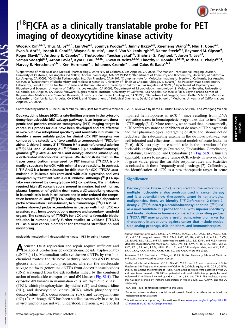 CFA As a Clinically Translatable Probe for PET Imaging of Deoxycytidine Kinase Activity