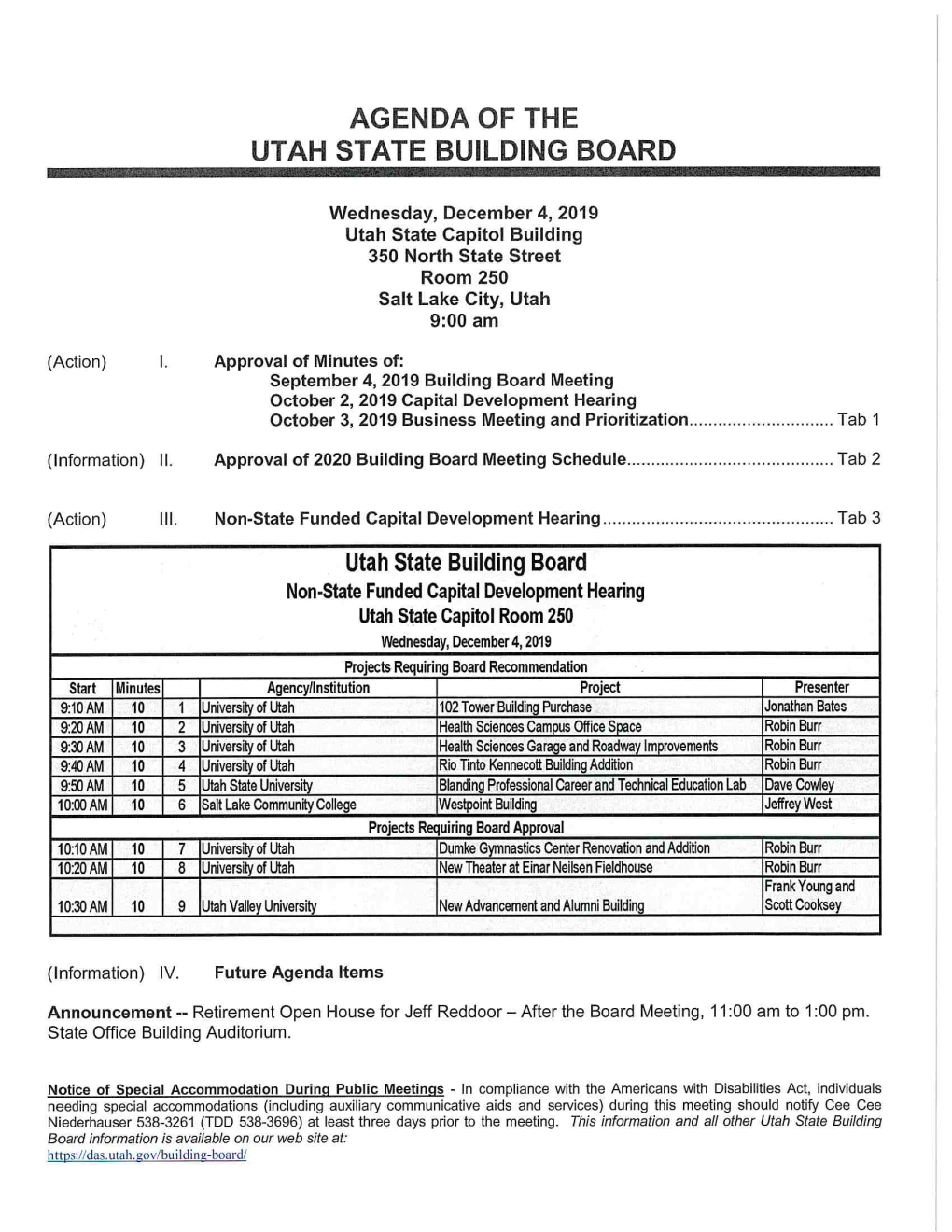 AGENDA of the UT AH ST ATE BUILDING BOARD Utah State