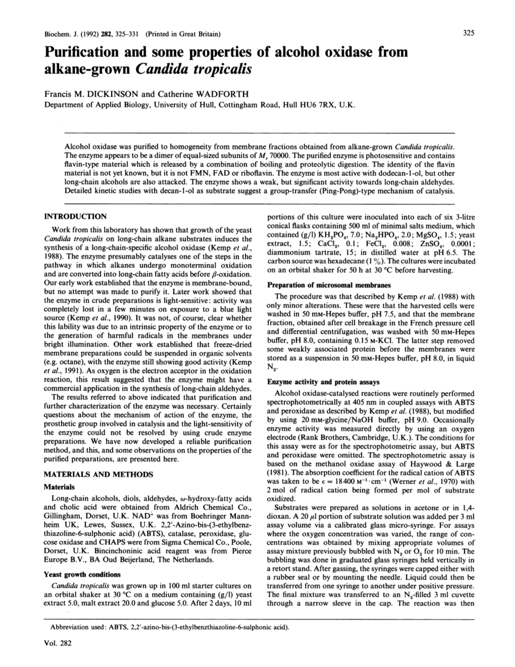 Purification and Some Properties of Alcohol Oxidase from Alkane-Grown Candida Tropicalis