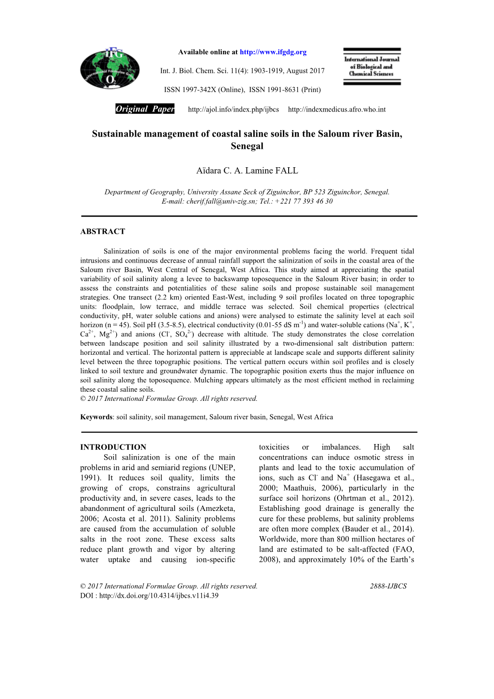 Sustainable Management of Coastal Saline Soils in the Saloum River Basin, Senegal