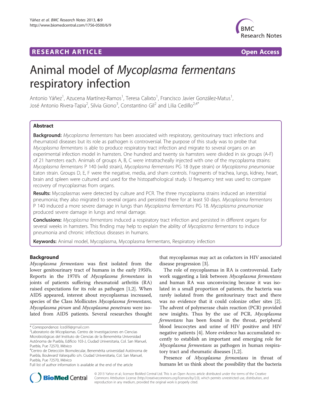 Animal Model of Mycoplasma Fermentans Respiratory Infection