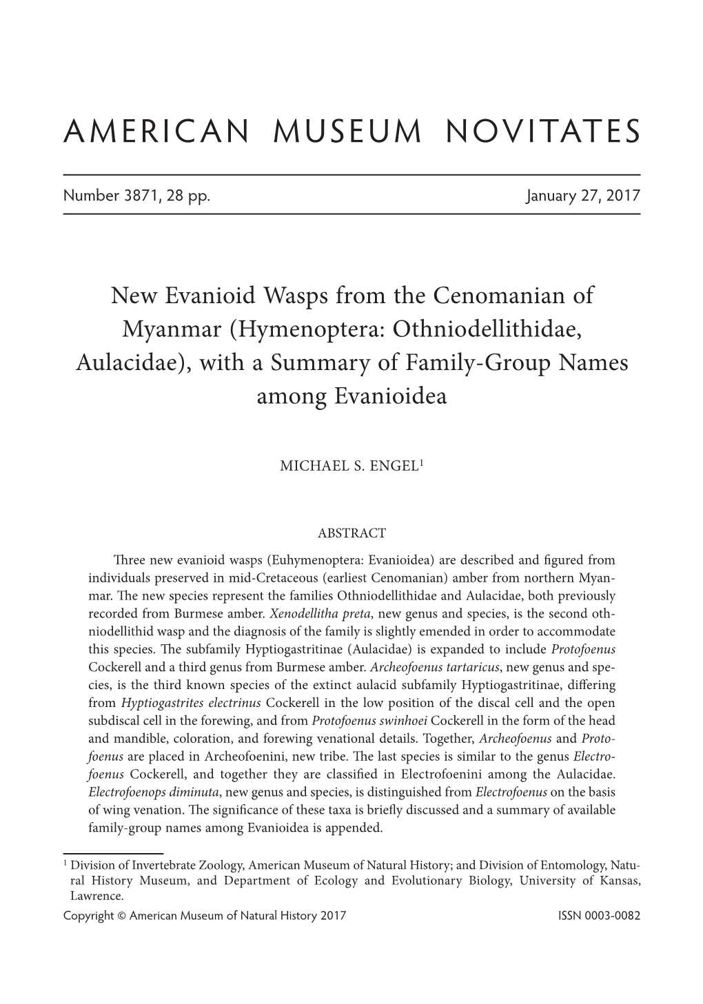 (Hymenoptera: Othniodellithidae, Aulacidae), with a Summary of Family-Group Names Among Evanioidea