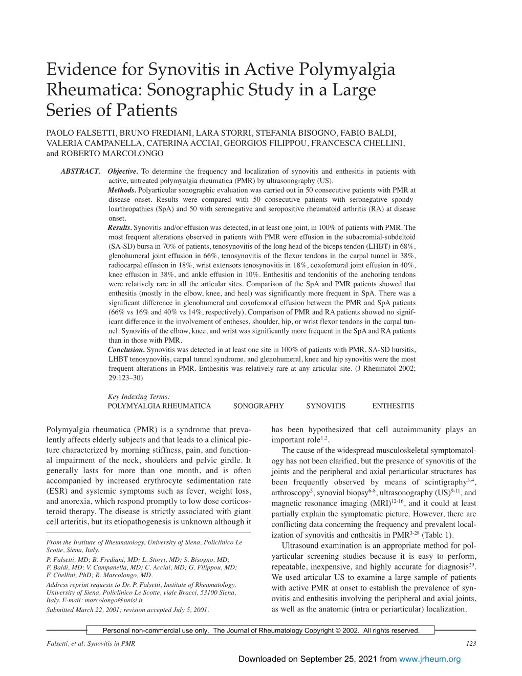 Evidence for Synovitis in Active Polymyalgia Rheumatica: Sonographic Study in a Large Series of Patients