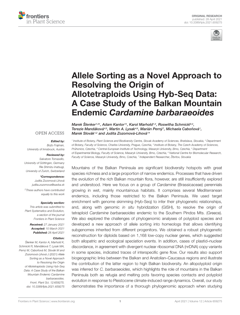 Allele Sorting As a Novel Approach to Resolving the Origin of Allotetraploids Using Hyb-Seq Data: a Case Study of the Balkan Mountain Endemic Cardamine Barbaraeoides