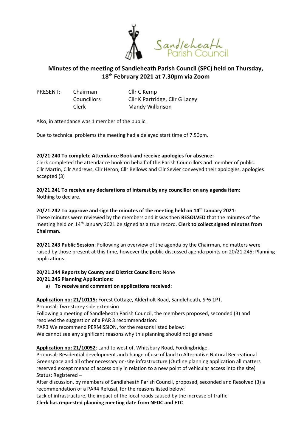 Minutes of the Meeting of Sandleheath Parish Council (SPC) Held on Thursday, 18Th February 2021 at 7.30Pm Via Zoom