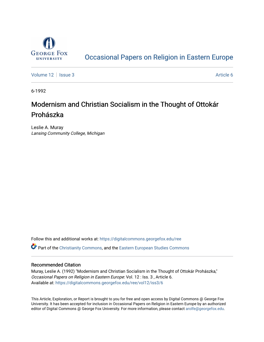 Modernism and Christian Socialism in the Thought of Ottokã¡R Prohã¡Szka