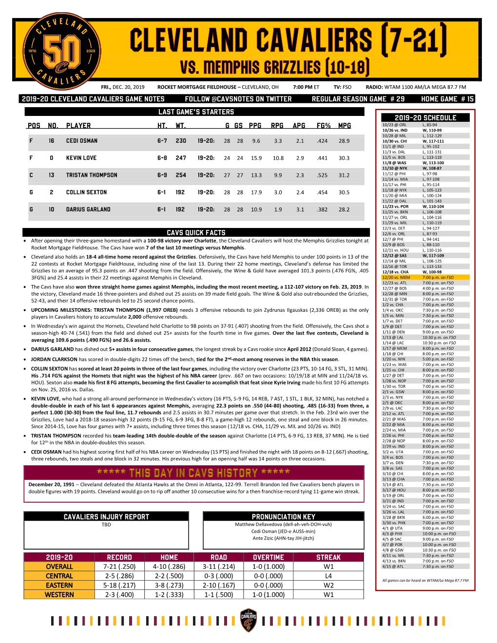 2019-20 Cleveland Cavaliers Game Notes Follow @Cavsnotes on Twitter Regular Season Game # 29 Home Game # 15