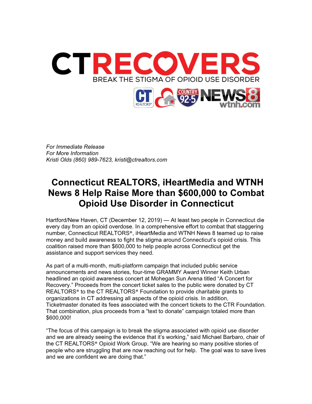 Connecticut REALTORS, Iheartmedia and WTNH News 8 Help Raise More Than $600,000 to Combat Opioid Use Disorder in Connecticut