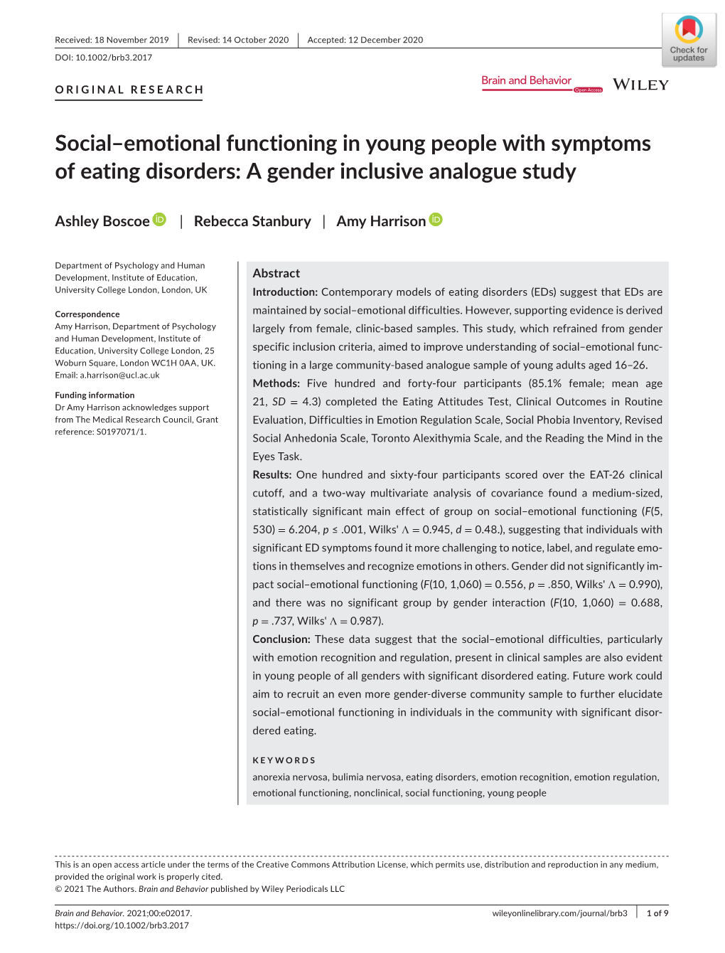 Social–Emotional Functioning in Young People with Symptoms of Eating Disorders: a Gender Inclusive Analogue Study