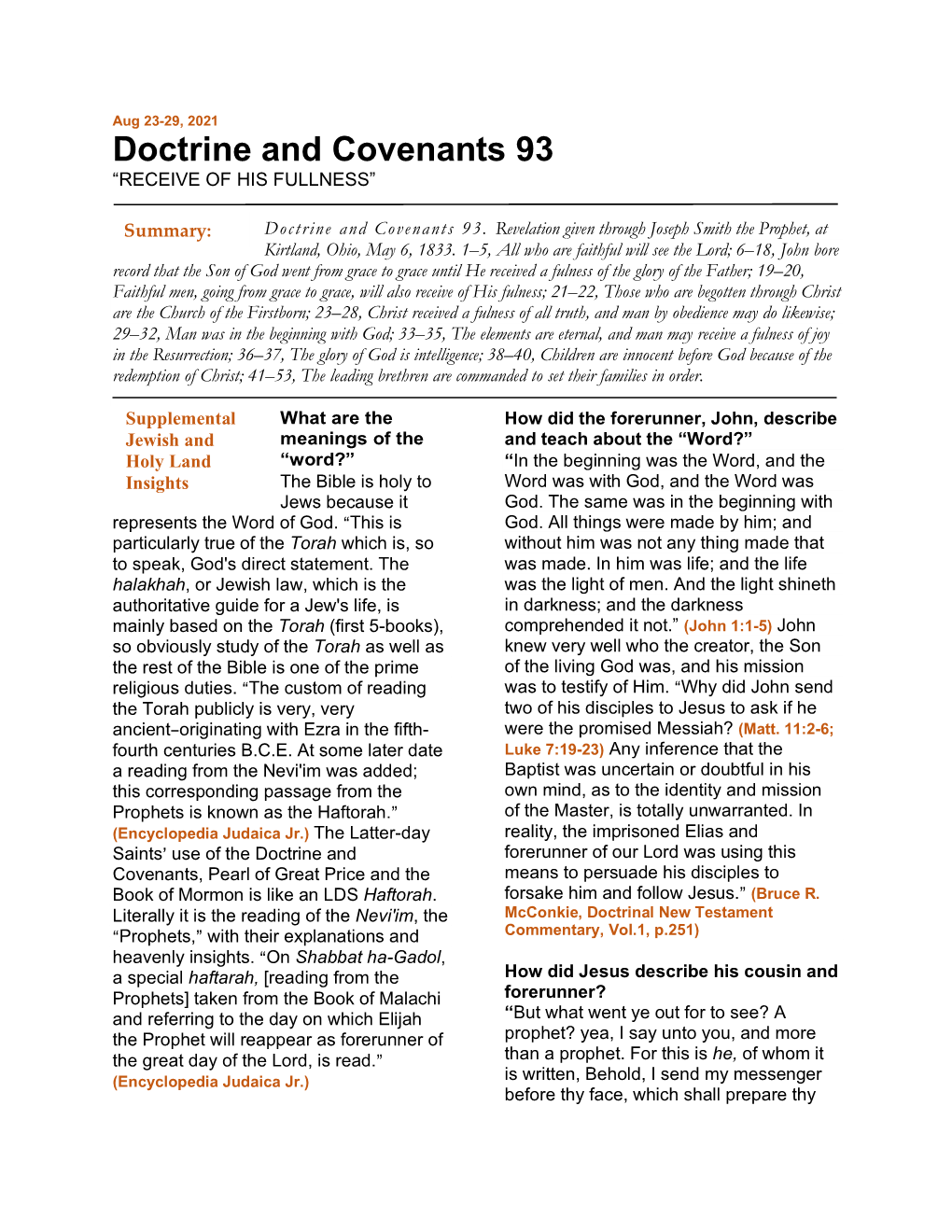 Doctrine and Covenants 93 “RECEIVE of HIS FULLNESS”