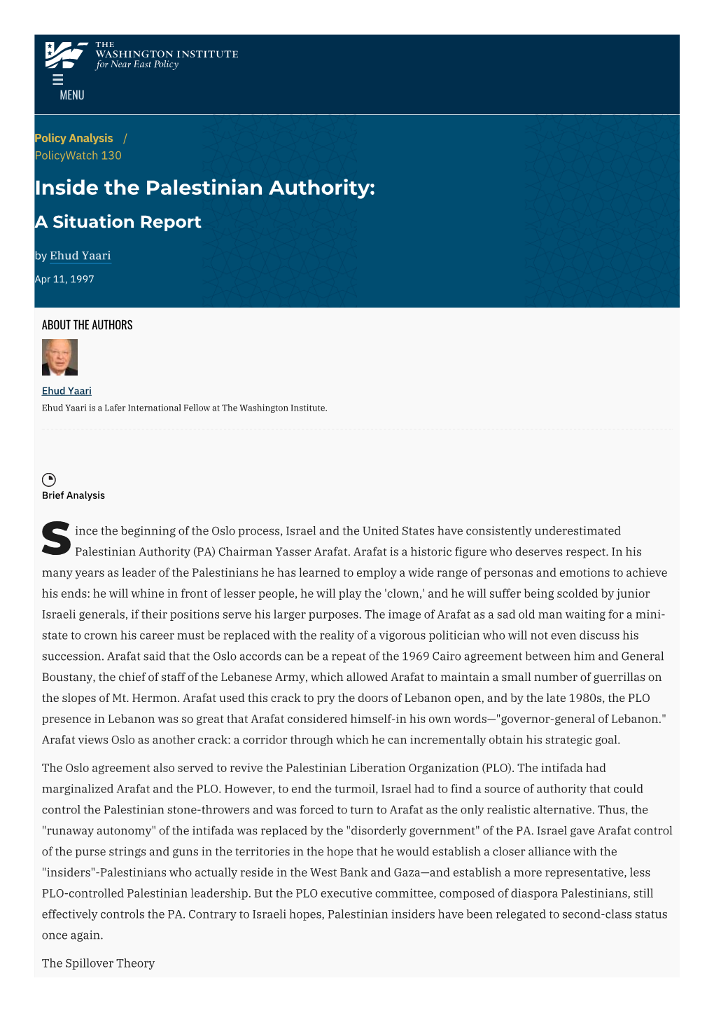 Inside the Palestinian Authority: a Situation Report by Ehud Yaari