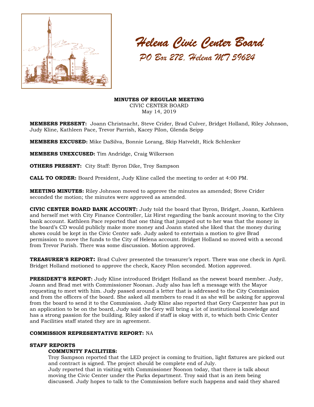 MINUTES of REGULAR MEETING CIVIC CENTER BOARD May 14, 2019