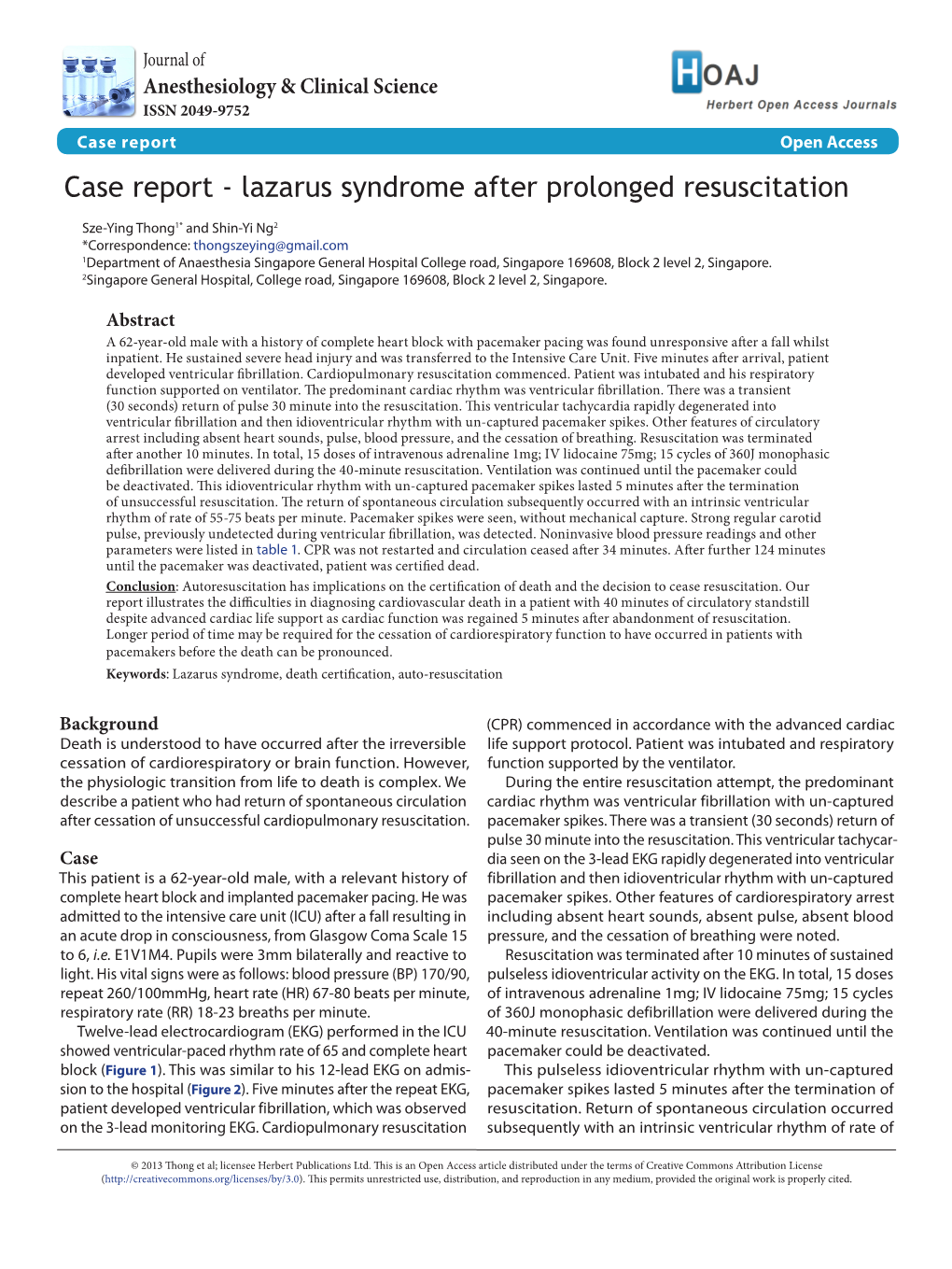 Case Report Open Access Case Report - Lazarus Syndrome After Prolonged Resuscitation