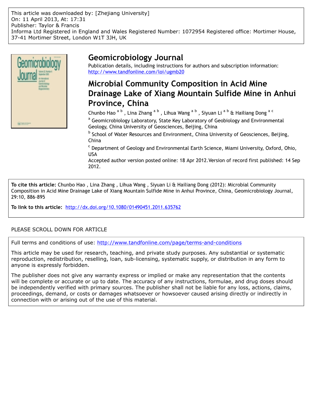 Microbial Community Composition in Acid Mine Drainage Lake of Xiang