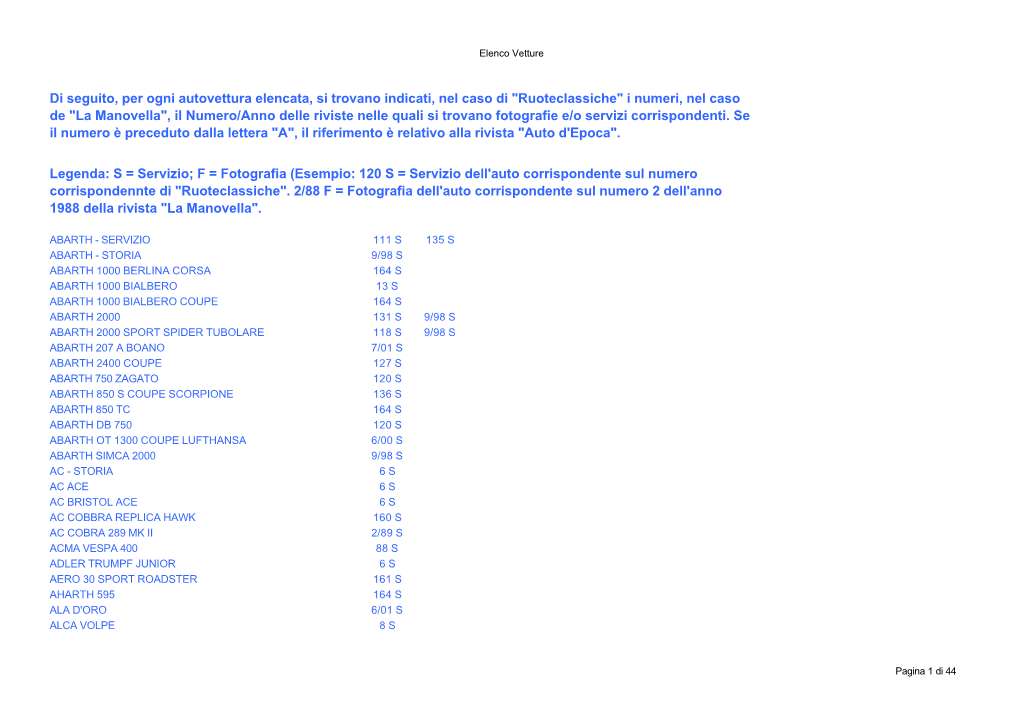 Di Seguito, Per Ogni Autovettura Elencata, Si Trovano Indicati, Nel