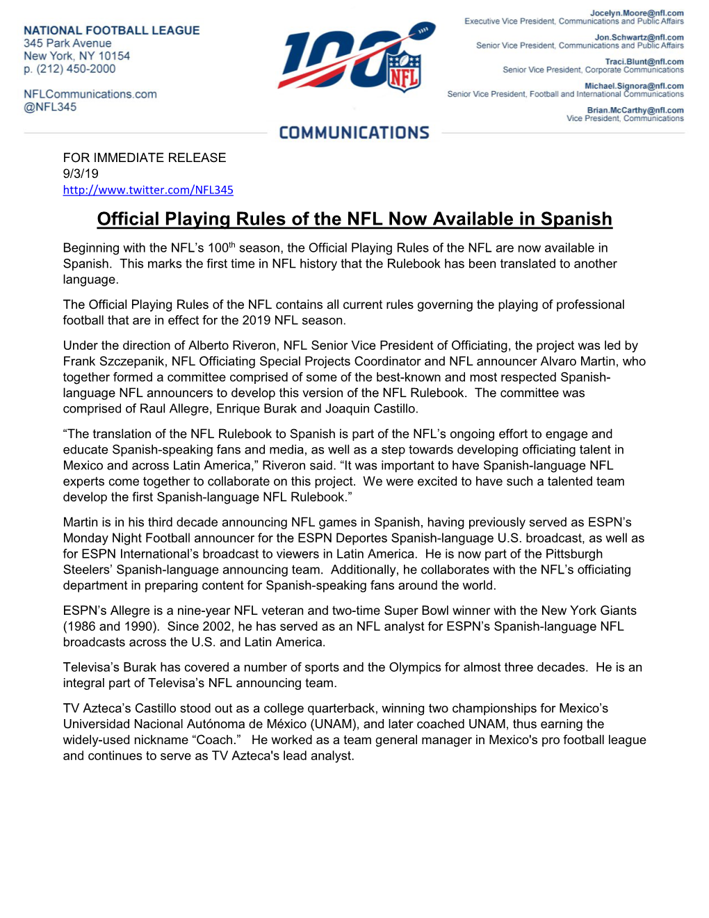Official Playing Rules of the NFL Now Available in Spanish Beginning with the NFL’S 100Th Season, the Official Playing Rules of the NFL Are Now Available in Spanish