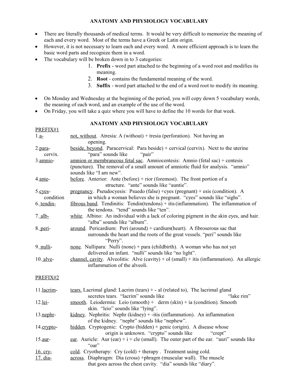 Anatomy And Physiology Vocabulary