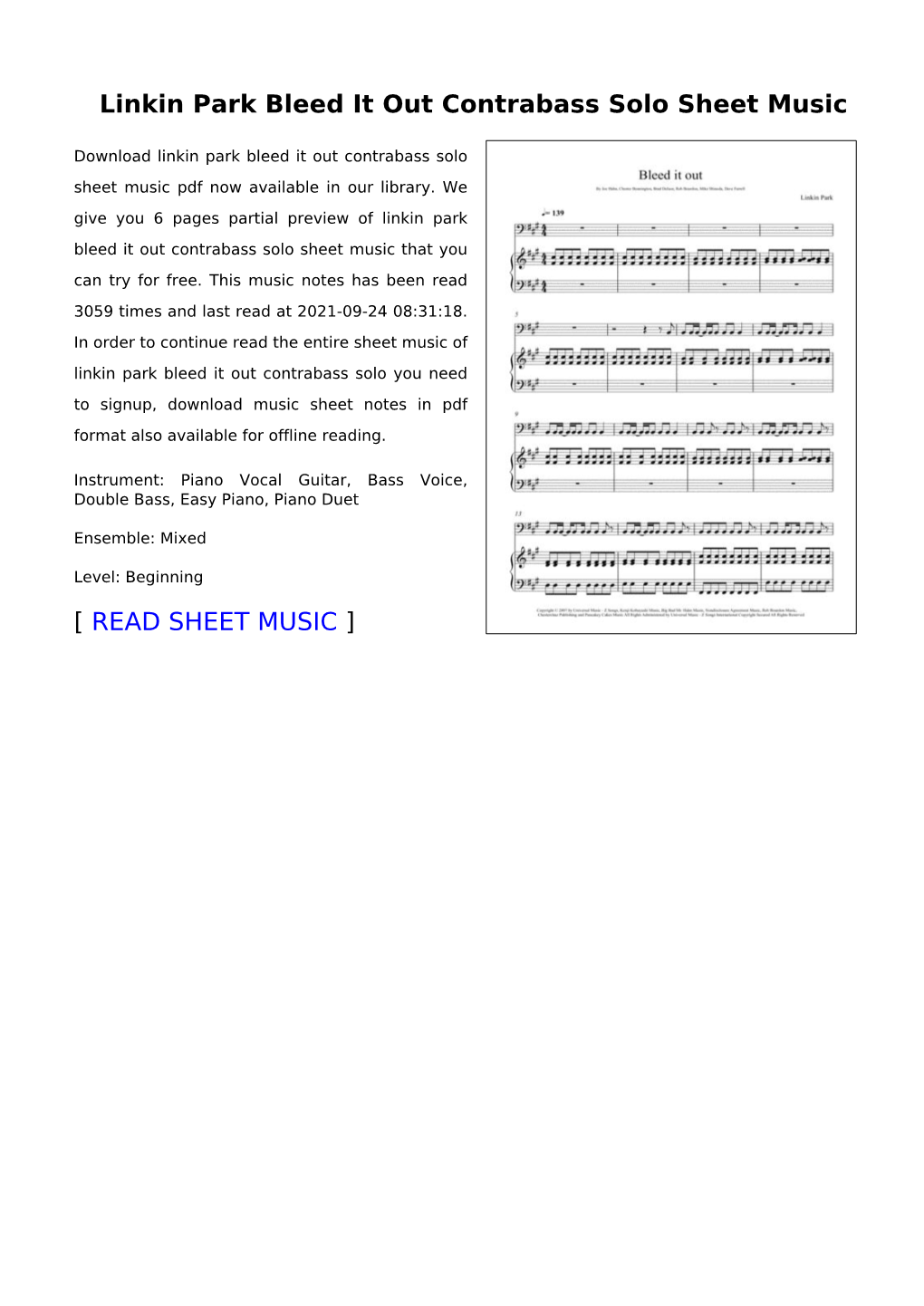 Linkin Park Bleed It out Contrabass Solo Sheet Music