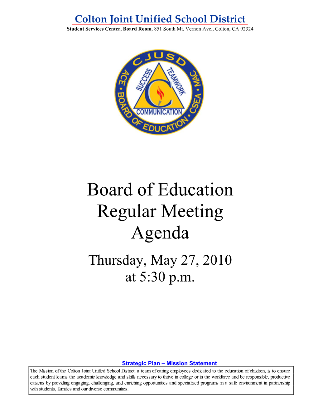 Board of Education Regular Meeting Agenda