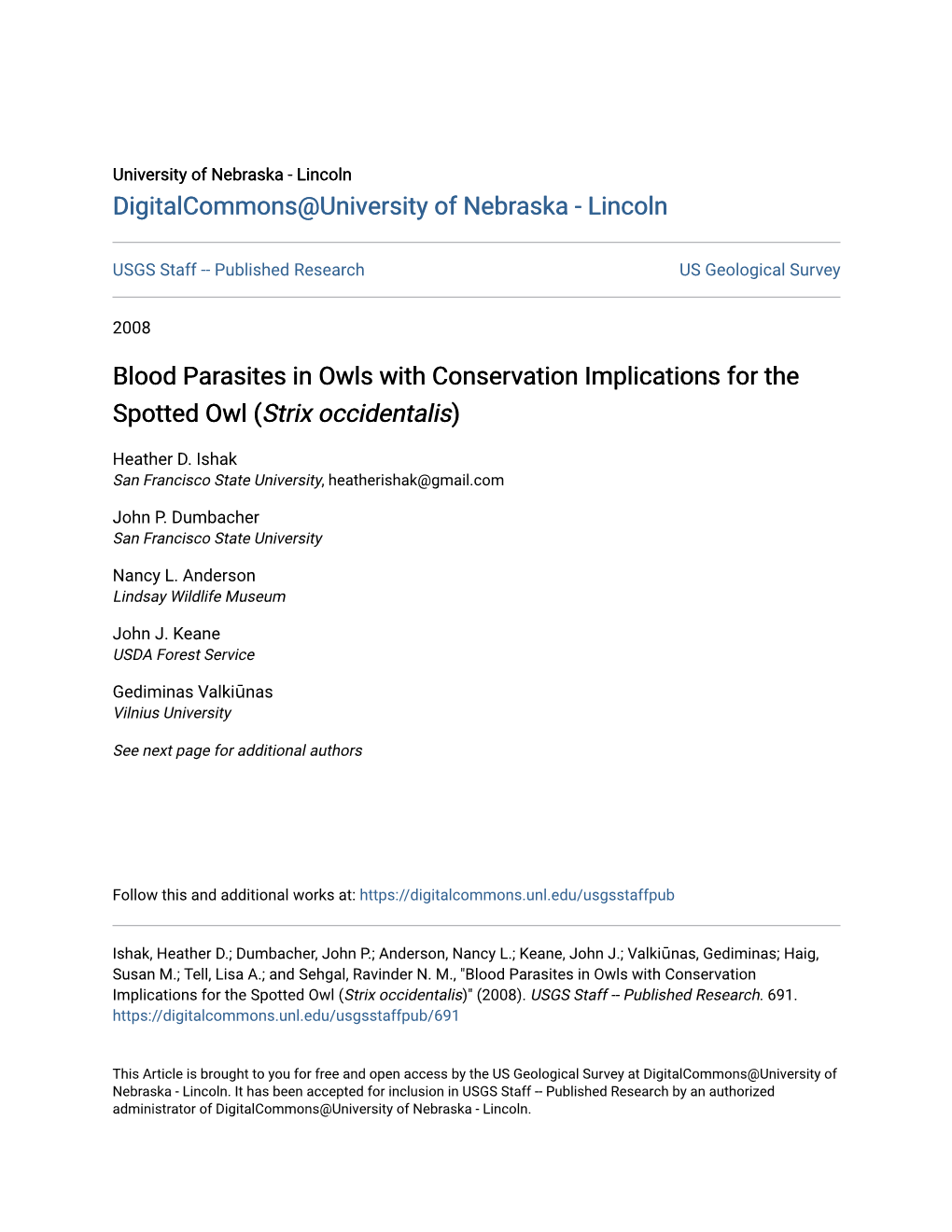 Blood Parasites in Owls with Conservation Implications for the Spotted Owl (Strix Occidentalis)