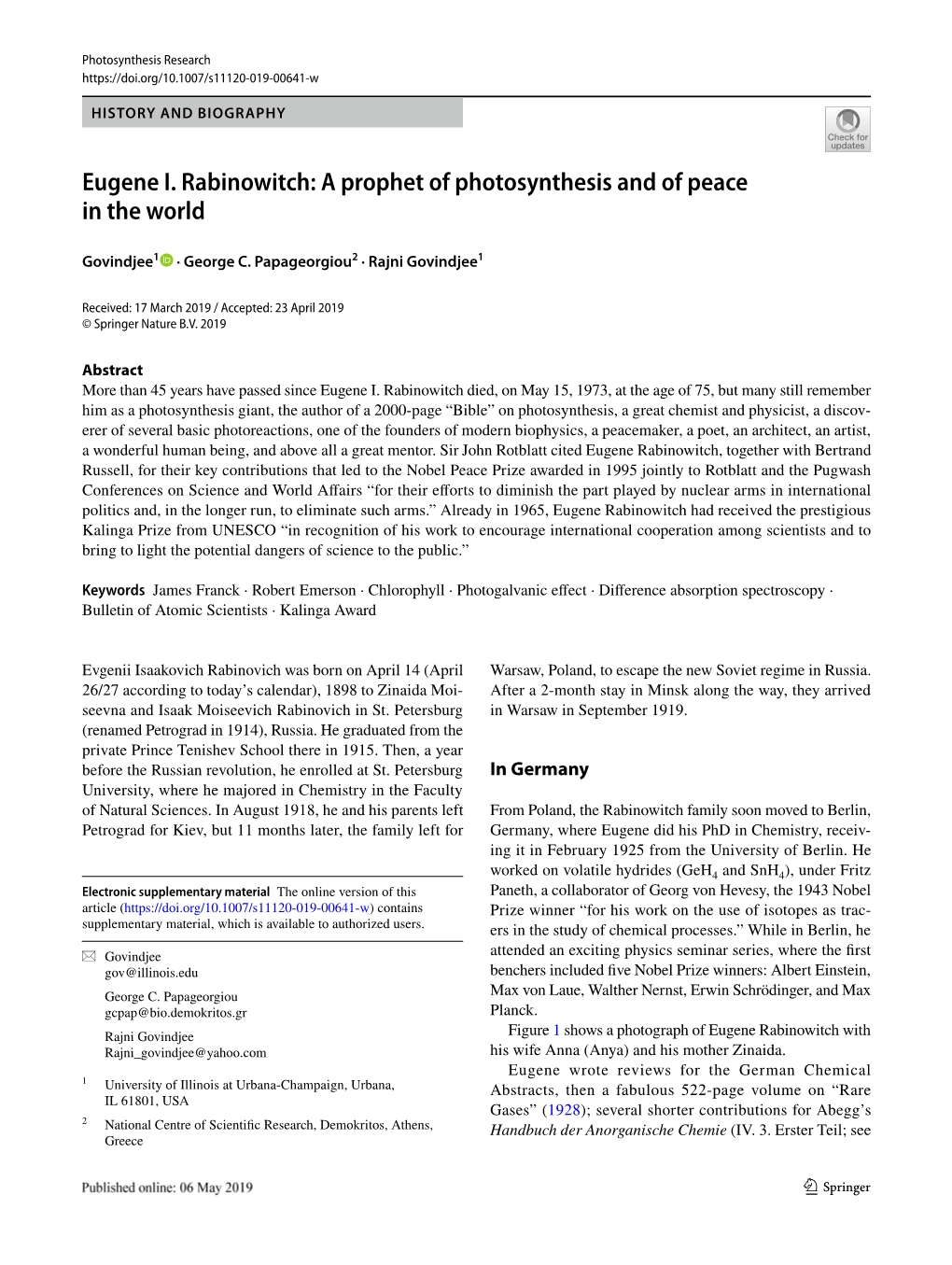 Eugene I. Rabinowitch: a Prophet of Photosynthesis and of Peace in the World