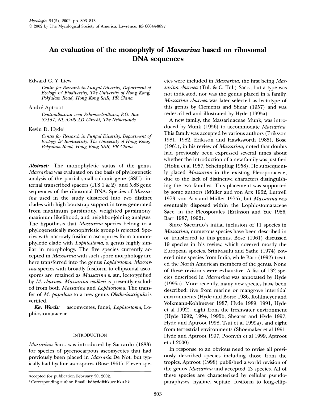 An Evaluation of the Monophyly of Massarina Based on Ribosomal DNA Sequences