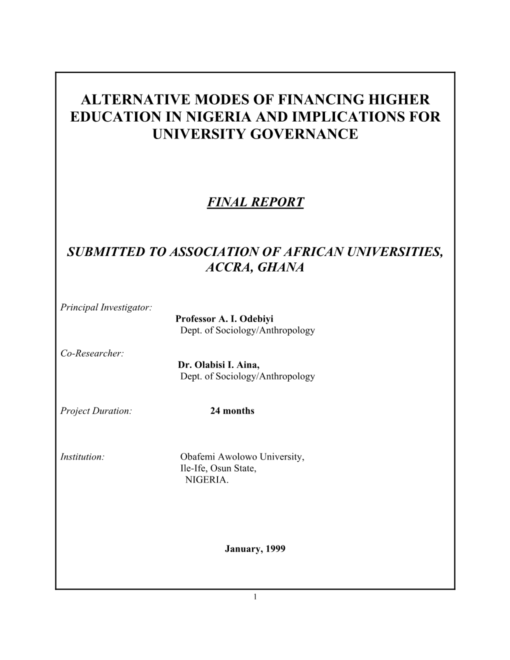 Alternative Modes of Financing Higher Education in Nigeria and Implications for University Governance