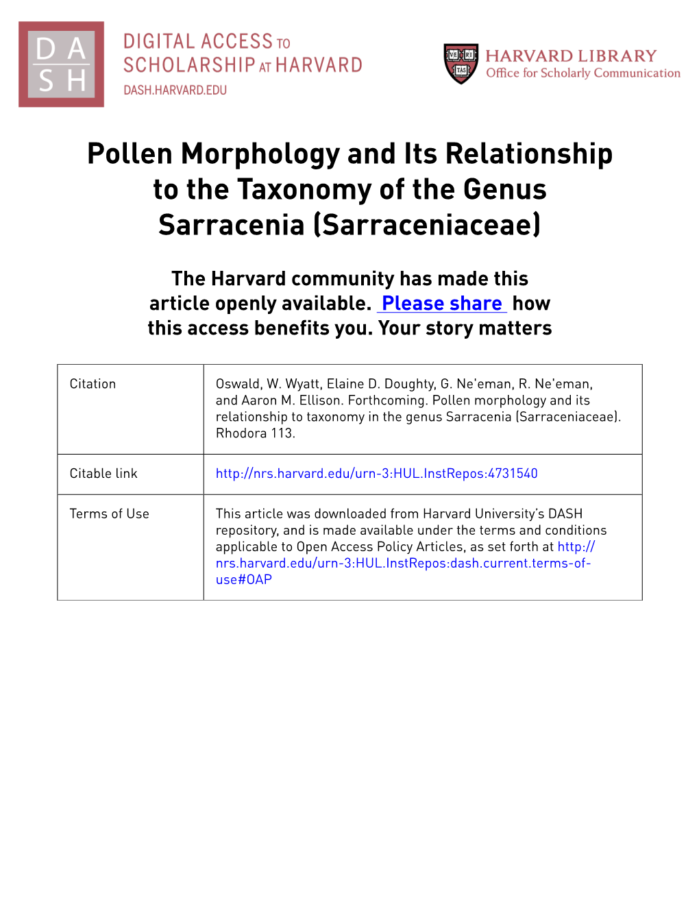 Pollen Morphology and Its Relationship to the Taxonomy of the Genus Sarracenia (Sarraceniaceae)