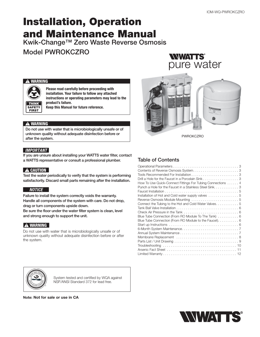 Installation, Operation and Maintenance Manual Kwik-Change™ Zero Waste Reverse Osmosis Model PWROKCZRO